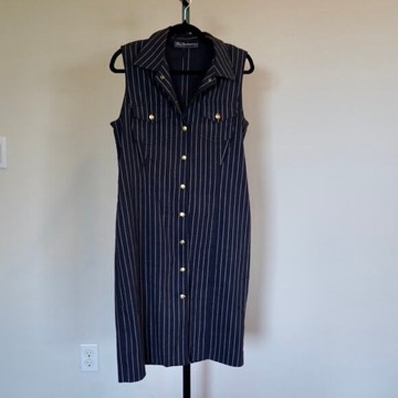 Burberrys Sleeveless Collared Front Button Dress Striped Black Womens Size 10 - Picture 1 of 7